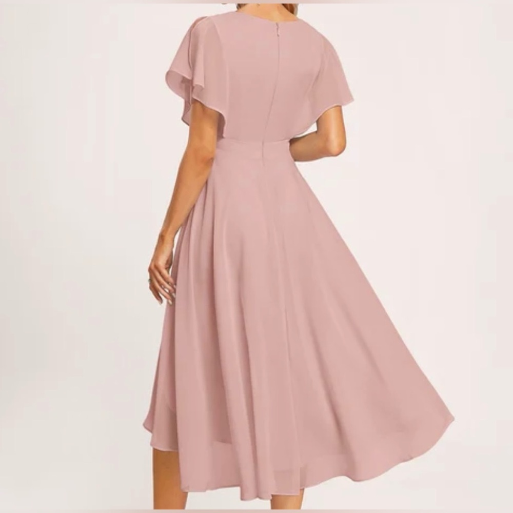 EUC A-line V-Neck Asymmetrical Chiffon Dress w/ Ruffle in Dusty Rose - 16W - Picture 9 of 11